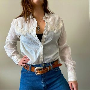 VINTAGE white fringe lightweight button down shirt todays size medium